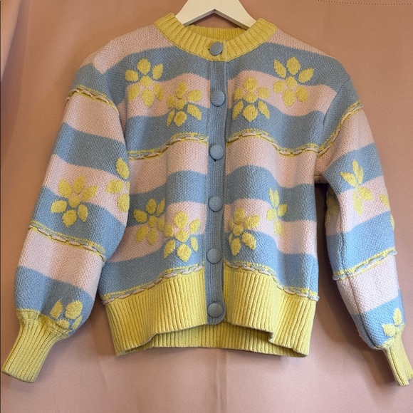 Zara Pastel Blue and Pink Cardigan with Yellow Floral Accents - Picture 4 of 13